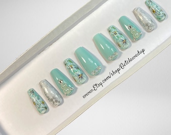 Handmade Light Green Press On Nails: Aqua Flower Bling