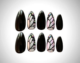 Butterfly Rainbow Chrome Press On Nails: Reusable Nail Set