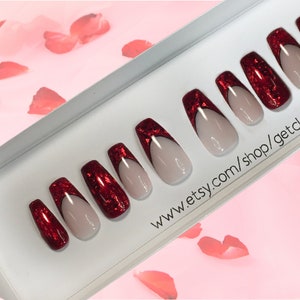 Ruby Red Nails, French Nails, Deep Red Nails, Reusable Nails, Handmade Nails