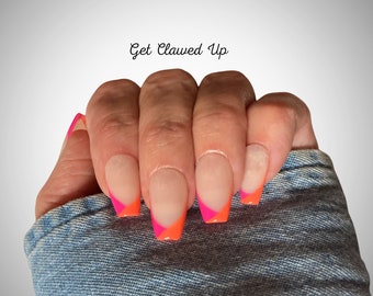 Pink & Orange French Tip Press On Nails - Reusable Summer Nails