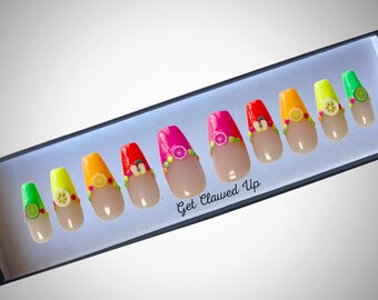3D Fruit French Tip Press On Nails: Neon Summer Reusable Nails