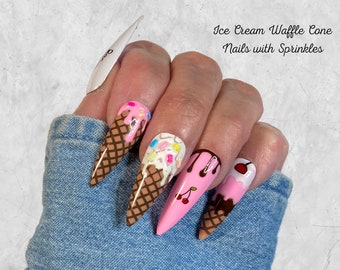 3D Ice Cream Press On Nails: Stiletto Long Length, Sprinkles