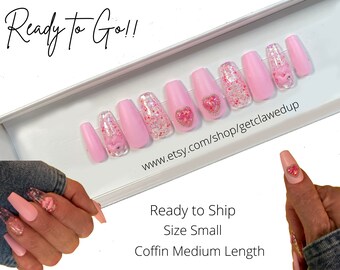 Valentine's Day Press On Nails: Pink Coffin Nails with Lips & Hearts