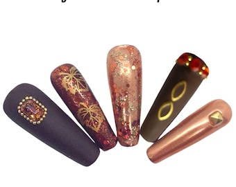 Fall Leaf Press On Nails: Chrome Accent Coffin Nails