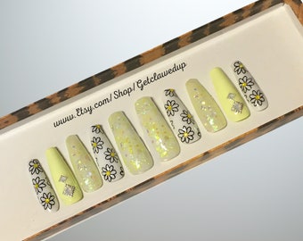Yellow Flower Press On Nails: Glitter Bling Crystal Summer Nails