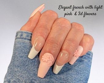 Handmade Pink French Nails: 3D Flower Reusable Press Ons