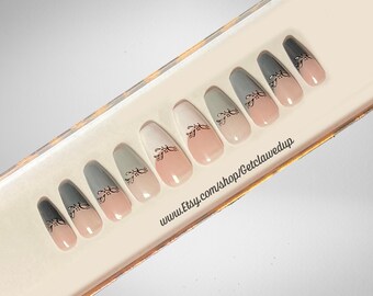 Gray Swirl French Tip Press On Nails: Reusable Nail Set