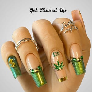 Good Vibes Press on Nails, Marijuana leaf Nails, MJ Nails, Hemp Leaf Nails