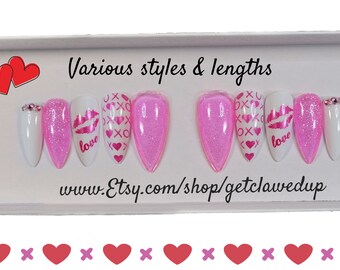 Valentines Day Press On Nails: Pink, White, Silver, Crystal Embellished