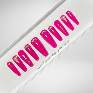 Pink Nails, Fuchsia Nails, Solid Color Nails, Bling Nails, Crystal Nails, Reusable Nails