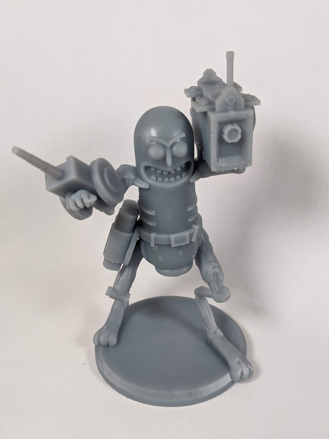 Custom Pickle Rick 3d printed resin figure with weapons in an Etsy