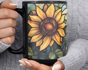 Stained Glass Sunflower Coffee Mug, Nature-Inspired Gift for Sunflower Lovers, Sunflower Ceramic Cup, Sunflower Gifts, Floral Mug