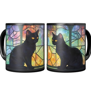 Black Cat Coffee Mug, Cats in Front of Stained Glass, Gift for Cat Lovers, Cute Cat Mug, Cat Lover Coffee Mug, Cat Gift, Mug for Cat Owner