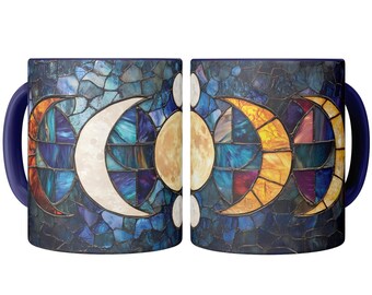 Stained Glass Moon Phases Coffee Mug, Celestial Cup