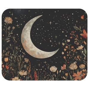May include: A crescent moon with a white and gray color scheme is surrounded by a dark background with a scattering of small white stars and a border of colorful flowers.