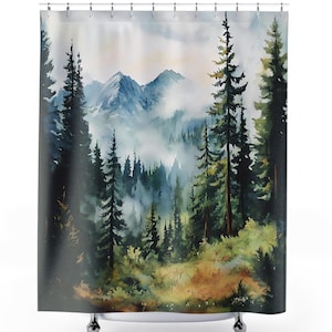 Mountain Forest Shower Curtain, 71&quot; x 74&quot; Waterproof Shower Curtain for Bathroom, Watercolor Art Style, Mountain Landscape, Nature Lover
