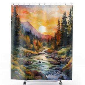 Mountain Sunset Shower Curtain, Forest River Shower Curtain, Nature Scenery Landscape Shower Curtain, Watercolor-Inspired Design