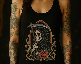 Gothic Skeleton Tank Top for Women – Occult Witchy Racerback Tank – Alt Tattoo Style Top