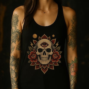 Mystical Eye Skull Tank Top for Women – Occult Tattoo Style Shirt – Witchy Moon Phase Shirt – Dark Boho Skull Racerback Tank