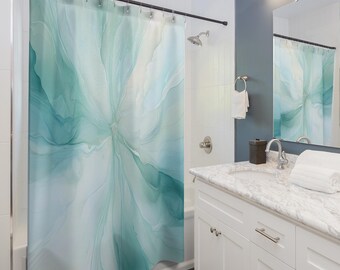 Abstract Aquamarine and Teal Shower Curtain 71"x74", Beachy Bath Decor
