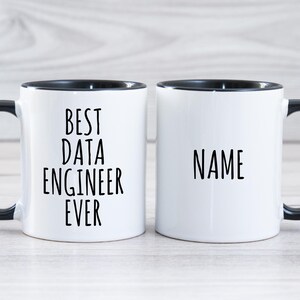 May include: Two white ceramic mugs with black rims and handles. One mug says "Best Data Engineer Ever" and the other mug says "NAME".