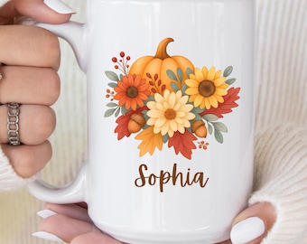 Personalized Fall Mug – Custom Name Pumpkin Coffee Cup – Autumn Gift for Her – Thanksgiving Mug – Cozy Fall Drinkware