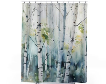 Birch Tree Shower Curtain, Watercolor Mountain Forest Shower Curtain, Nature Scenery Landscape Shower Curtain