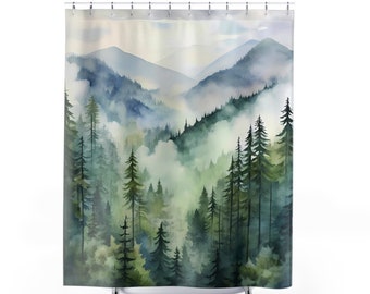 Mountain Shower Curtain, Misty Foggy Forest Shower Curtain, Nature Scenery Landscape Shower Curtain