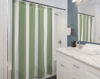 Green and White Striped Shower Curtain 71"x74" – Modern Farmhouse Bath Decor