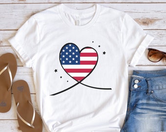 American Flag Heart T-Shirt, Patriotic USA 4th of July Tee