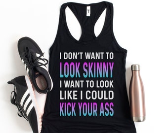 Camiseta sin mangas divertida para entrenar para mujer – Camiseta deportiva con espalda cruzada para el gimnasio – Camiseta de fitness con el mensaje "No quiero verme delgada"