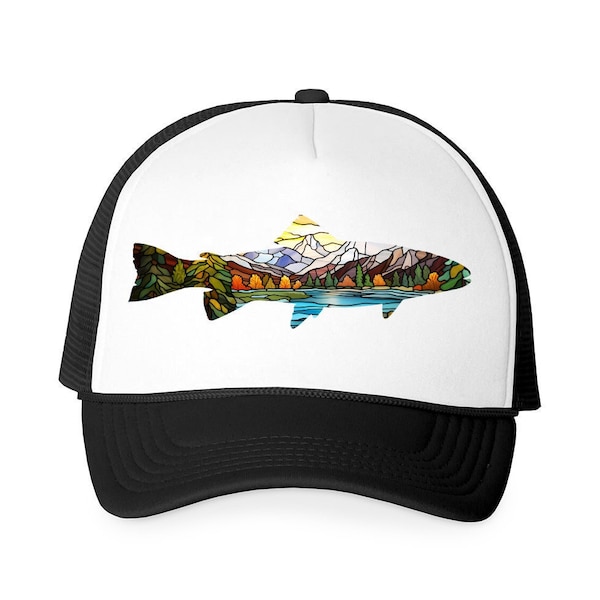 Fish Trout Mountains Hat, Fishing Hats, Fly Fishing Hat, Fishing Gifts, Trout Hat, Fishing Trucker Hat