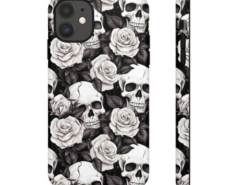Funda para teléfono con diseño floral de calavera, diseño de calavera en blanco y negro para iPhone y Samsung.