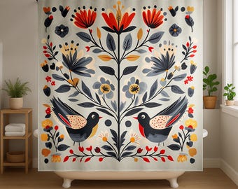 Folk Art Shower Curtain, Scandinavian-Inspired Art 71" x 74" Bath Curtain