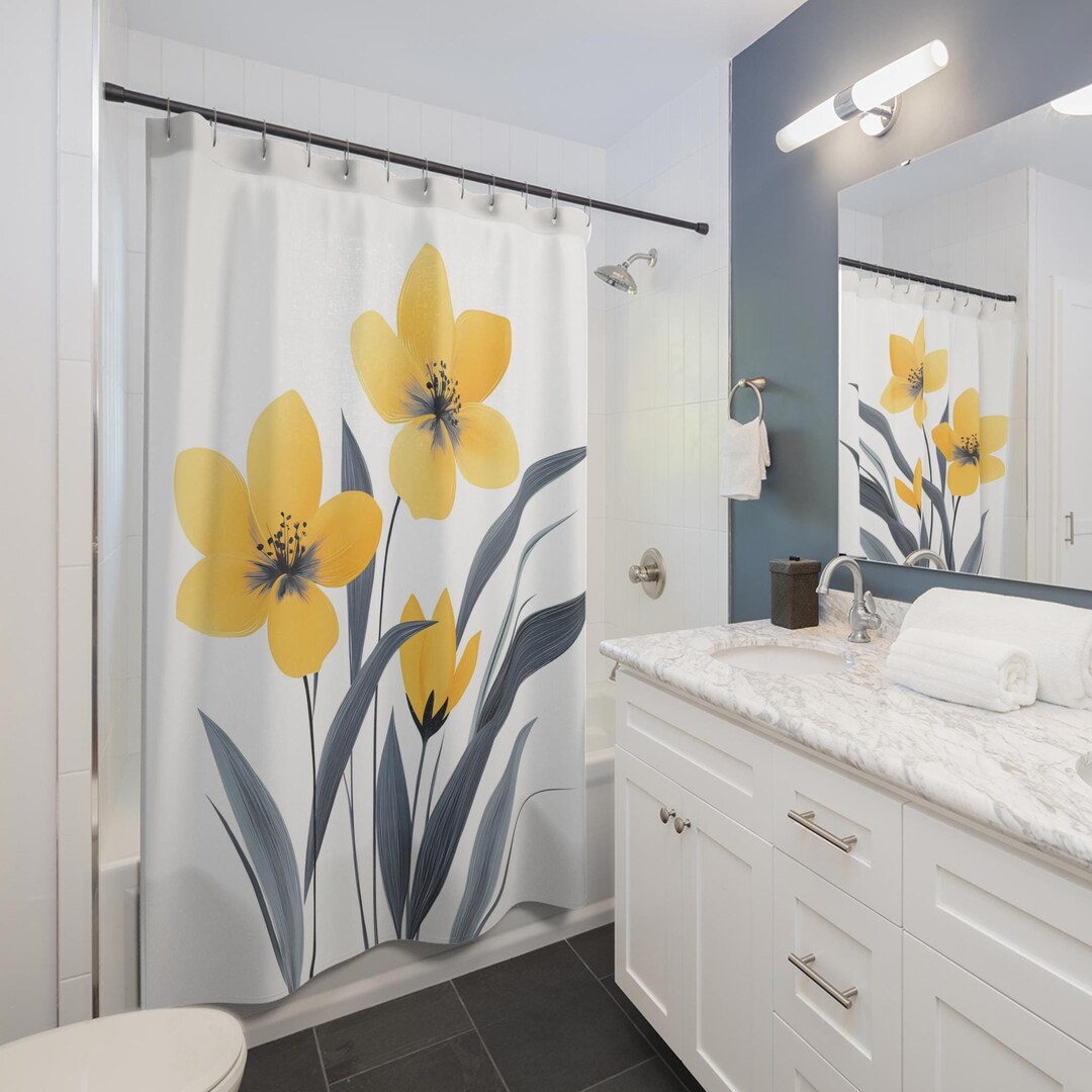 Yellow and Gray Flower Shower Curtain 71" X 74", Pretty Yellow Floral