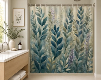 Cortina de ducha botánica, decoración de baño tipo spa, cortina de baño verde azulado y salvia, decoración de baño inspirada en el eucalipto.