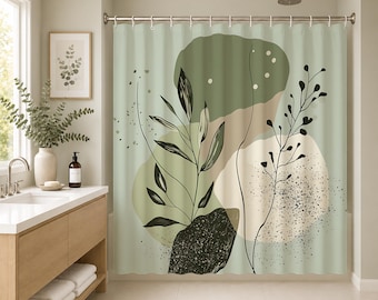 Boho Botanical Shower Curtain, Sage Green Bathroom Decor, Organic Modern Bath Curtain, 71"x74" Standard Size