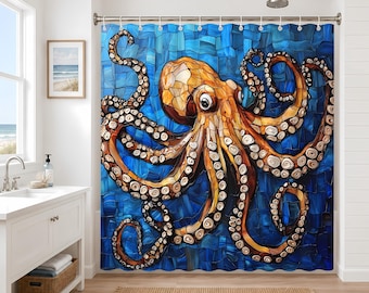 Octopus Shower Curtain 71"x74", Nautical Bathroom Decor, Stained Glass Art Style, Ocean Bath Curtain