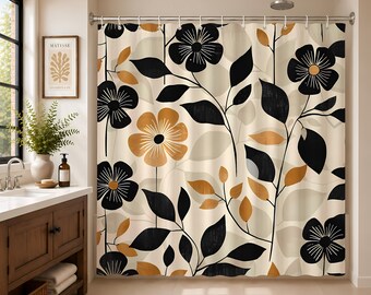 Black and Cream Floral Shower Curtain, Botanical Print (71"x74")