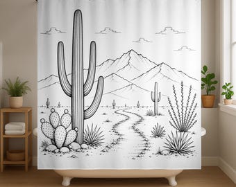 Cortina de ducha con diseño de desierto, paisaje de cactus en blanco y negro, decoración de baño del suroeste, cortina de baño de estilo occidental, cortina de ducha minimalista con diseño de líneas.