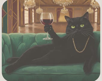 Elegant Black Cat Mouse Pad – Vintage Art Deco Cat with Wine Glass – Funny Office Gift for Cat Lovers, Feminine Desk Accessory
