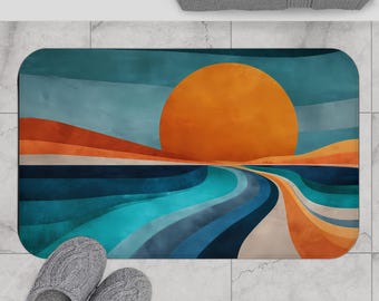 Alfombra de baño Boho Ocean Sunset: decoración moderna de baño costero