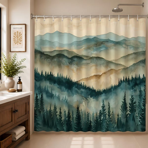 Mountain Forest Shower Curtain 71"x74", Watercolor-Inspired Nature Scenery Design