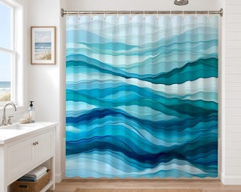 Wavy Blue and Teal Shower Curtain, Beachy Bathroom Decor (71" x 74")