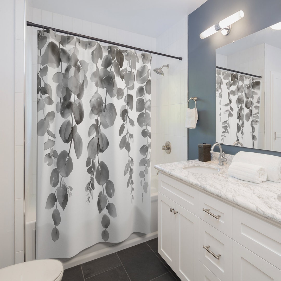 Grey Eucalyptus Leaves Shower Curtain, Grey Floral Shower Curtain