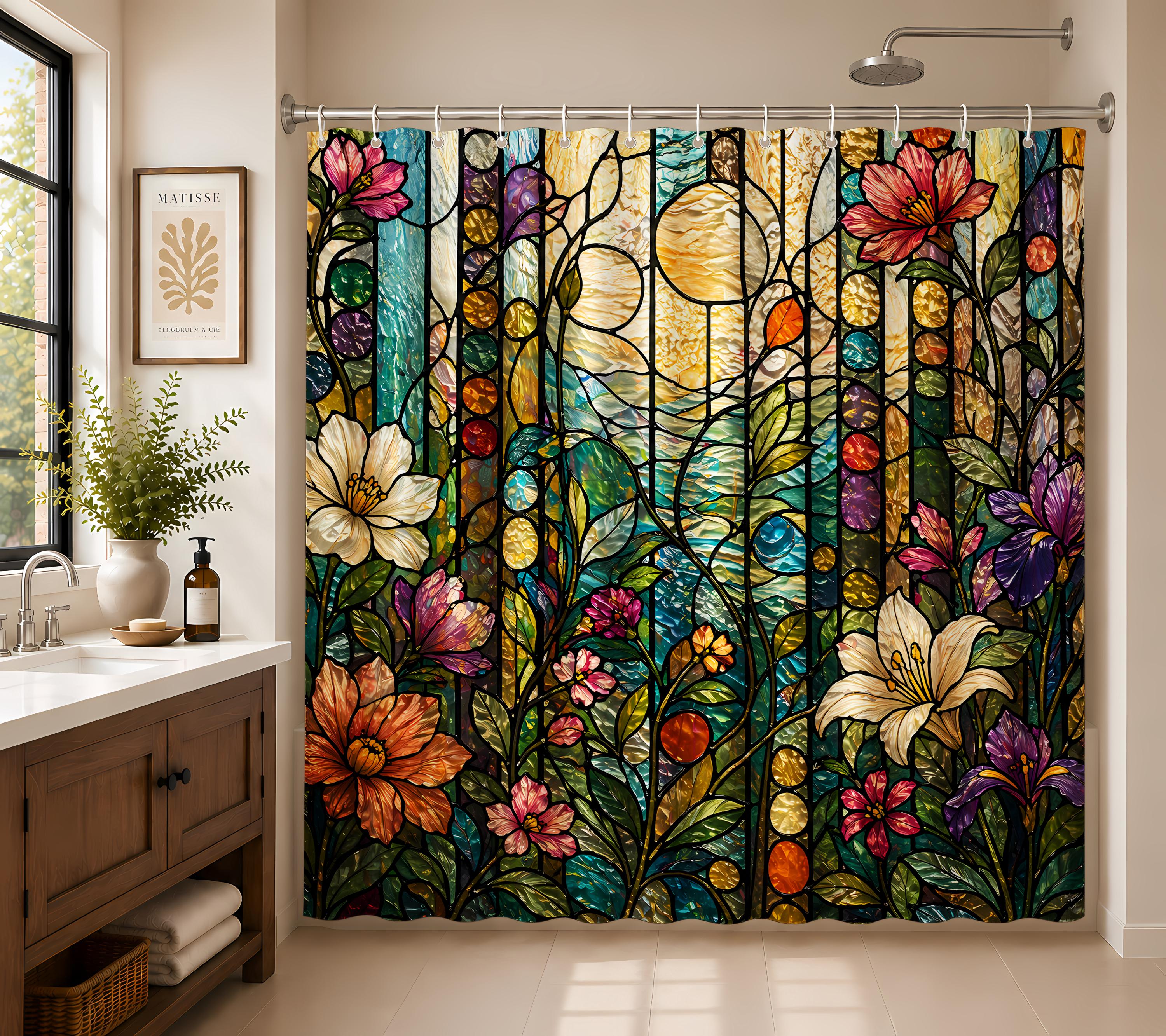 Stained Glass Floral Mountain Shower Curtain - Colorful Botanical Bath…