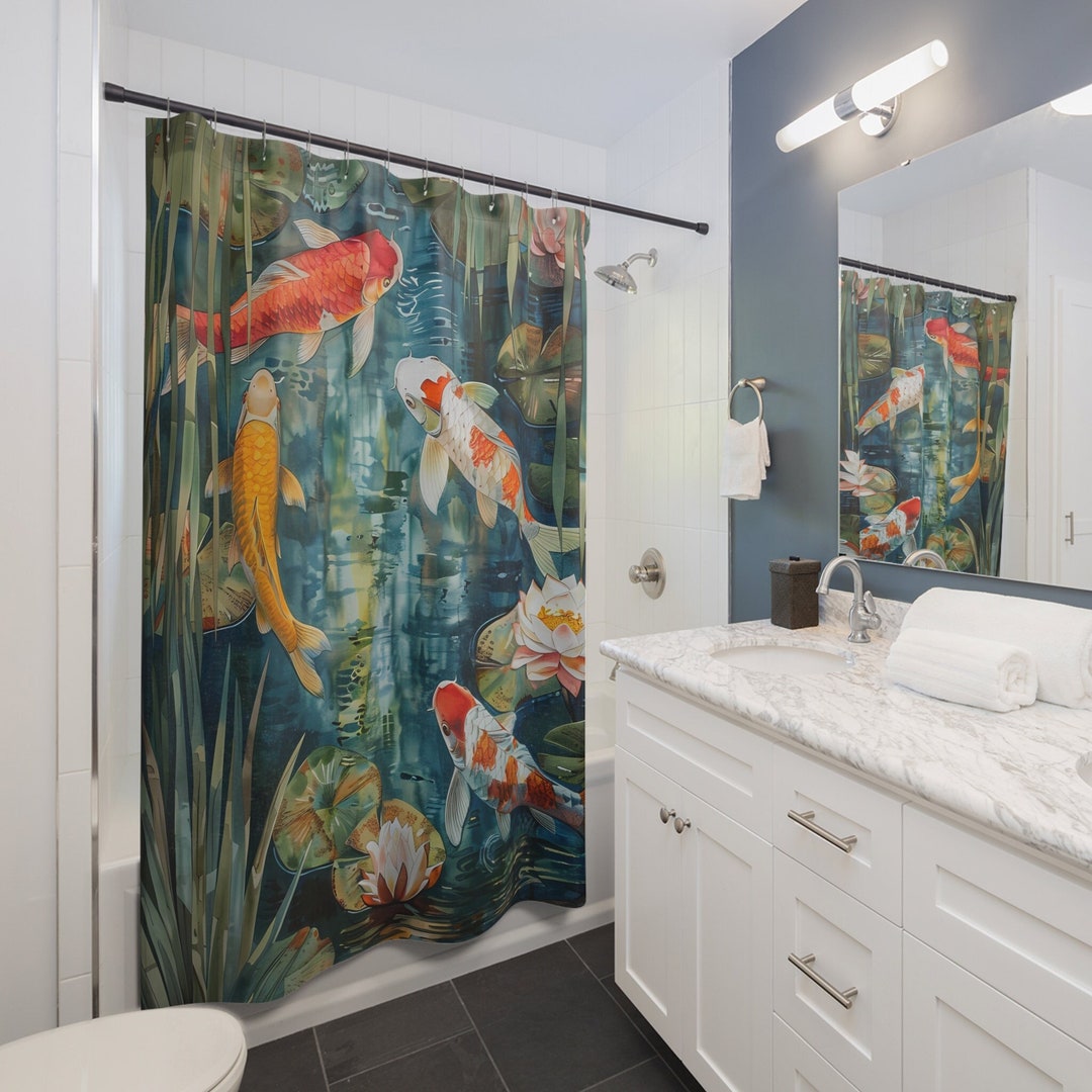 Koi Fish Shower Curtain, Koi Pond Shower Curtain, Japanese Style Decor