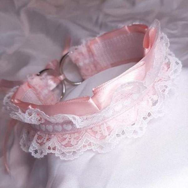 Heart Pink and White Kitten Play Collar, Tug Proof Collar, Pet Play Collar, Puppy Play Collar, Choker, BDSM Collar