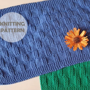 May include: Two knitted dishcloths, one blue and one green, with a simple stitch pattern. The blue dishcloth has the text "Knitting Pattern" on it.
