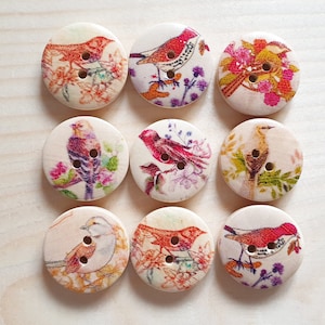 WILD BIRDS MIXED / 20mm / Set of 6 buttons / Wooden Buttons / Sewing Buttons